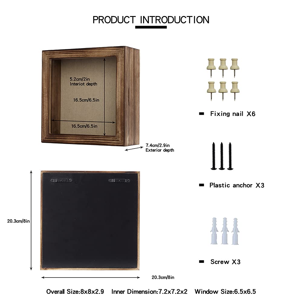 Shadow Box Frame 8x8 Shadow Boxes Display Case with Linen Back Memorabilia Awards Medals Bouquet Photos Picture Badge Wedding Memory Box for Keepsakes Carbonized Small Pin Board