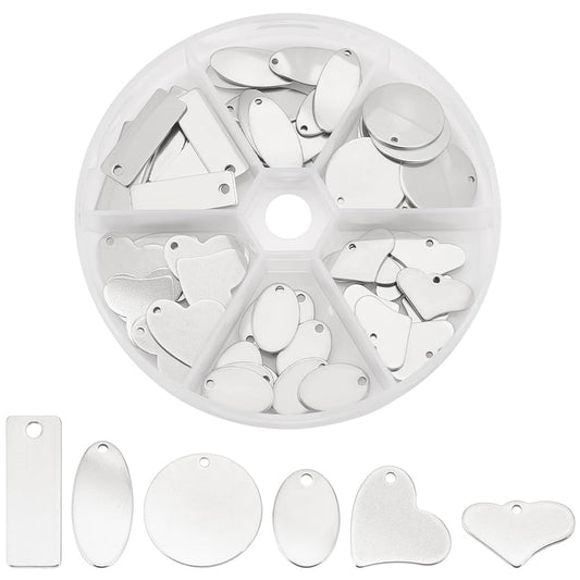304 Stainless Steel Stamping Charms 60pcs Stamping Tag Pendants Stamping Blank Tags 6 Style Stamping Blank Tags Heart Round Metal Tag for Bracelet Necklace Jewelry DIY Craft Gift Making