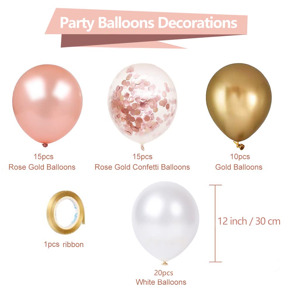 Rose Gold Confetti Latex Balloons, 60 Pack White Balloons 12 Inch with Gold Ribbon for Birthday Party, Wedding, Bridal Shower Decorations