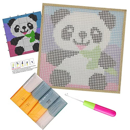 Latch Hook Kits Rug Panda Crochet Yarn Cushion Colour Pre-Printed Canvas Cover Rug Needlework DIY Hook and Latch Kit Christmas Home Decoration 30x30cm/12 X12inch