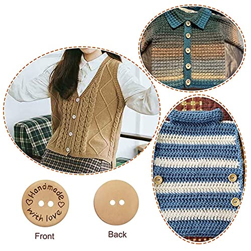 Handmade with Love Buttons - 150 Pcs Round Wooden Craft Decor Buttons, 2 Holes for 15mm/20mm/25mm Sewing
