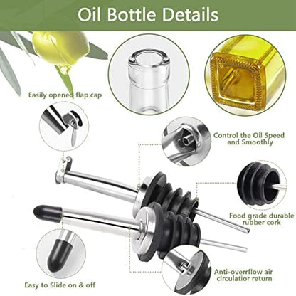 Olive Oil Dispenser Bottle, 2 Pcs Glass Olive Oil Dispenser and Vinegar Dispenser Set with 2 Stainless Steel Pourers, 4 Labels,1 Brush and 1 Funnel Oil Bottles for Kitchen (500ml) & Organizer Storage Tote Bag