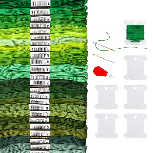 24 Skeins Friendship Bracelets Floss, Green Gradient Embroidery Floss, Cross Stitch Threads with 6 Floss Bobbins, 2 Embroidery Needles and 1 Needle Threader for Cross Stitch Project