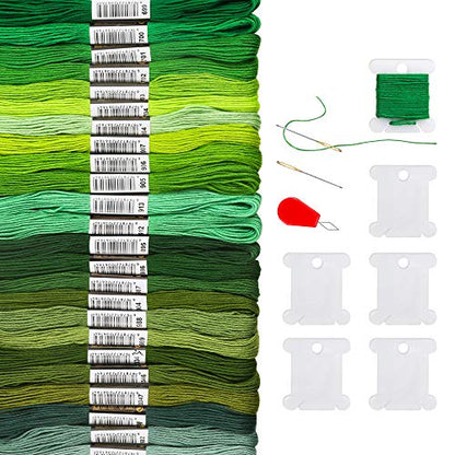 24 Skeins Friendship Bracelets Floss, Green Gradient Embroidery Floss, Cross Stitch Threads with 6 Floss Bobbins, 2 Embroidery Needles and 1 Needle Threader for Cross Stitch Project