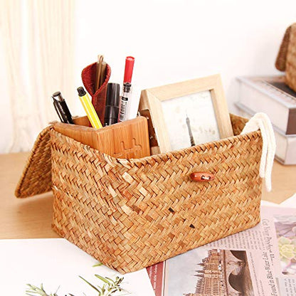 Shelf Baskets with Lid Set of 3 Handwoven Seagrass Storage Box Wicker Basket Desktop Makeup Organizer Multipurpose Container (Original (S/M/L)