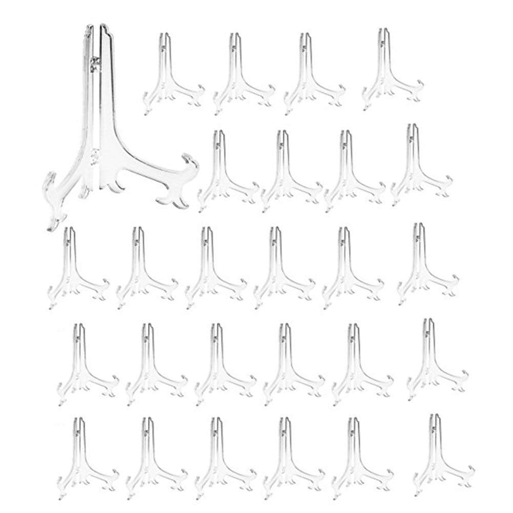 5" Clear Plastic Easels or Stand/Plate Holders to Display Pictures or Other Items at Weddings, Home Decoration, Birthdays, Tables (24 Pack)
