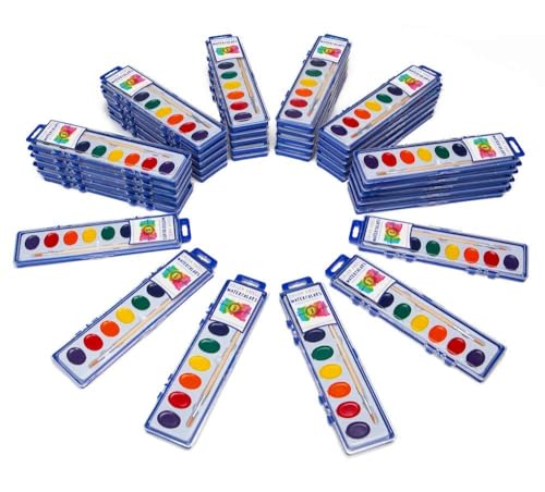 Bulk Watercolors Paint Pack with Wood Brushes - 36 Sets with 8 Washable Colors Each - Perfect for Kids, Classrooms, Parties, Students, Donations, Party Favors, All Ages