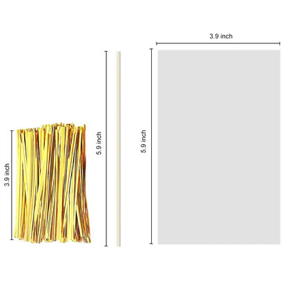 360pcs Cake Pop Sticks and Wrappers Ties Kit, Including 120ct 6-inch Paper Lollipop Stick, 120ct Cake Pop Parcel Bag, 120ct Gold Twist Tie for Candy Making Packaging Supplies
