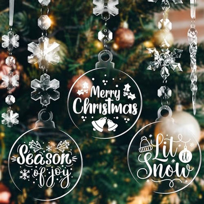 96 pcs Christmas Acrylic Hanging Ornament Set 3 Inch Clear Acrylic Flat Disc Ornaments DIY Christmas Crafts with Transparent Crystal Snowflakes for Xmas Winter New Year Party Hanging Decor