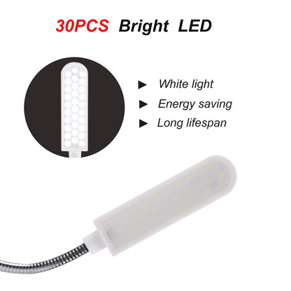 30LEDs Sewing Machine Light, 6 Watt Portable Work Light, Flexible Gooseneck Lampe with Magnetic Base for Workbench Lathe Drill Press(White) (2 Pack)