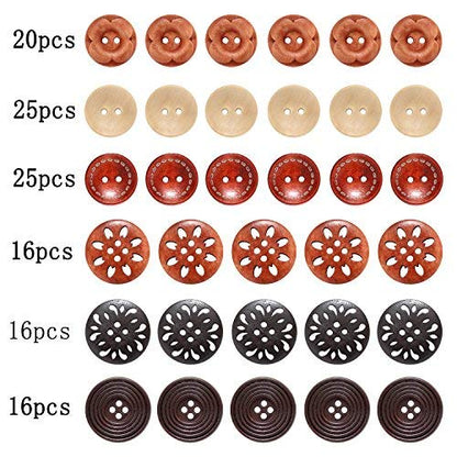 Assorted Round Wood Wooden Buttons Black Brown Beige 4 Hole Mixed Sewing Art DIY Craft Supplies Kits with Box 118pcs