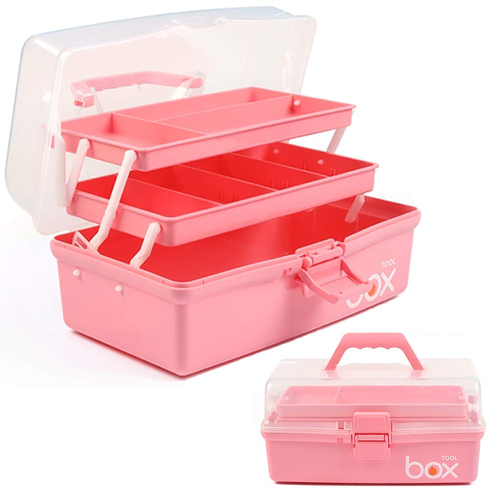 12in Three-Layer Multipurpose Storage Box Organizer Folding Tool Box/Art & Crafts Case/Sewing Supplies Organizer/Family First Aid organizer/Medicine Storage with 2 Trays (Pink)