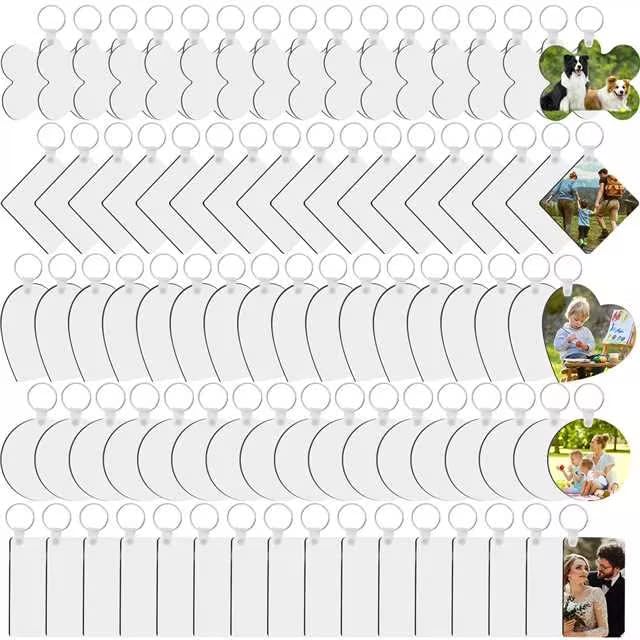 135Pcs Sublimation Keychain Blanks Bulk,MDF Keychain Double Sided Heat Transfer Keychain Board with Film,Key Rings, Plastic Retaining Clips for DIY and Craft(Round, Rectangle, Bone, Square, Heart)