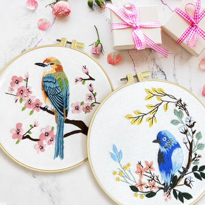 4 Sets Embroidery Kit for Beginners,Hummingbird and Flower Cross Stitch Set for Include Embroidery Cloth Hoops Threads for Craft Lover Hand Stitch (Flowers and Birds)