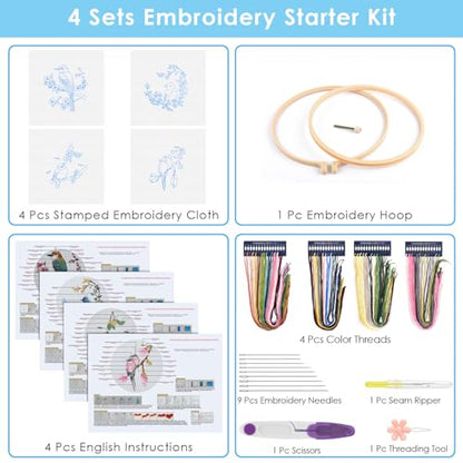 4 Sets Embroidery Kit for Beginners,Hummingbird and Flower Cross Stitch Set for Include Embroidery Cloth Hoops Threads for Craft Lover Hand Stitch (Flowers and Birds)