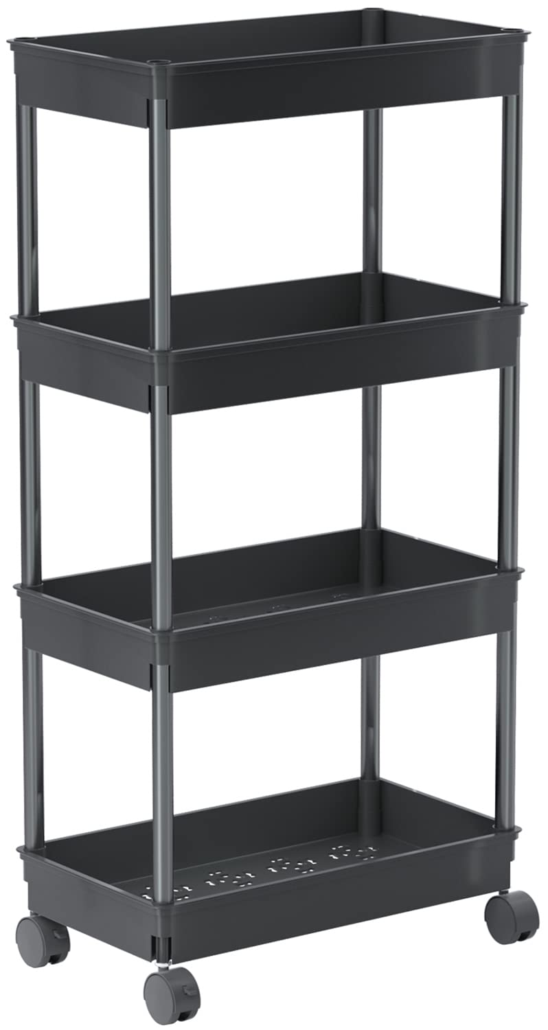 4 Tier Wide Storage Cart Mobile Shelving Unit Organizer Slide Out Storage Rolling Utility Cart Tower Rack for Kitchen Bathroom Laundry, Plastic & Stainless Steel,Black