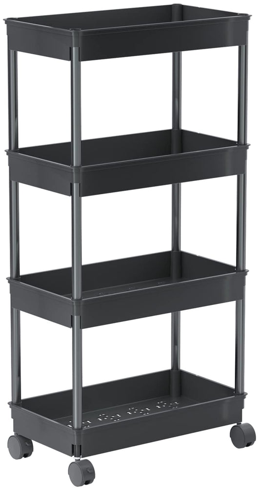 4 Tier Wide Storage Cart Mobile Shelving Unit Organizer Slide Out Storage Rolling Utility Cart Tower Rack for Kitchen Bathroom Laundry, Plastic & Stainless Steel,Black