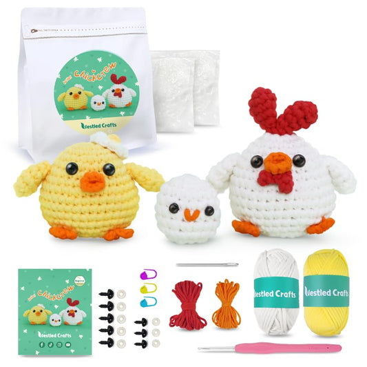 Beginners Crochet Kit, Amigurumi Crochet Animal Kit, Easy Learn to Crochet with Step-by-Step Video Tutorials, 3PCS The Chick Family for Kids & Adults