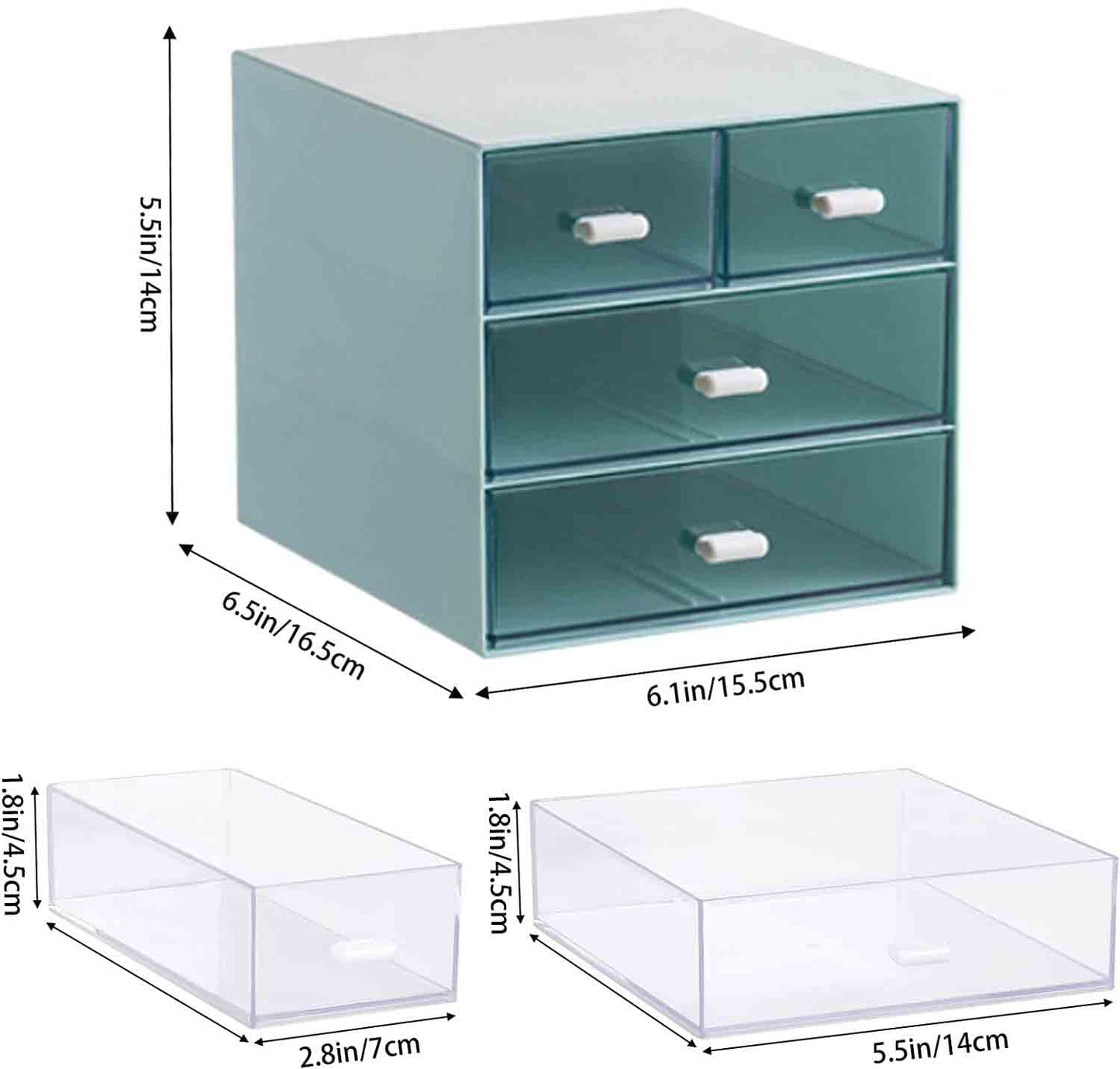 Desk Organizer with Drawer, Office Organizer with 4 Drawers, Desk Storage Box for, Desktop, Dressing table, Office, School, Home, Plastic Box and 4 Acrylic Drawers(Blue)
