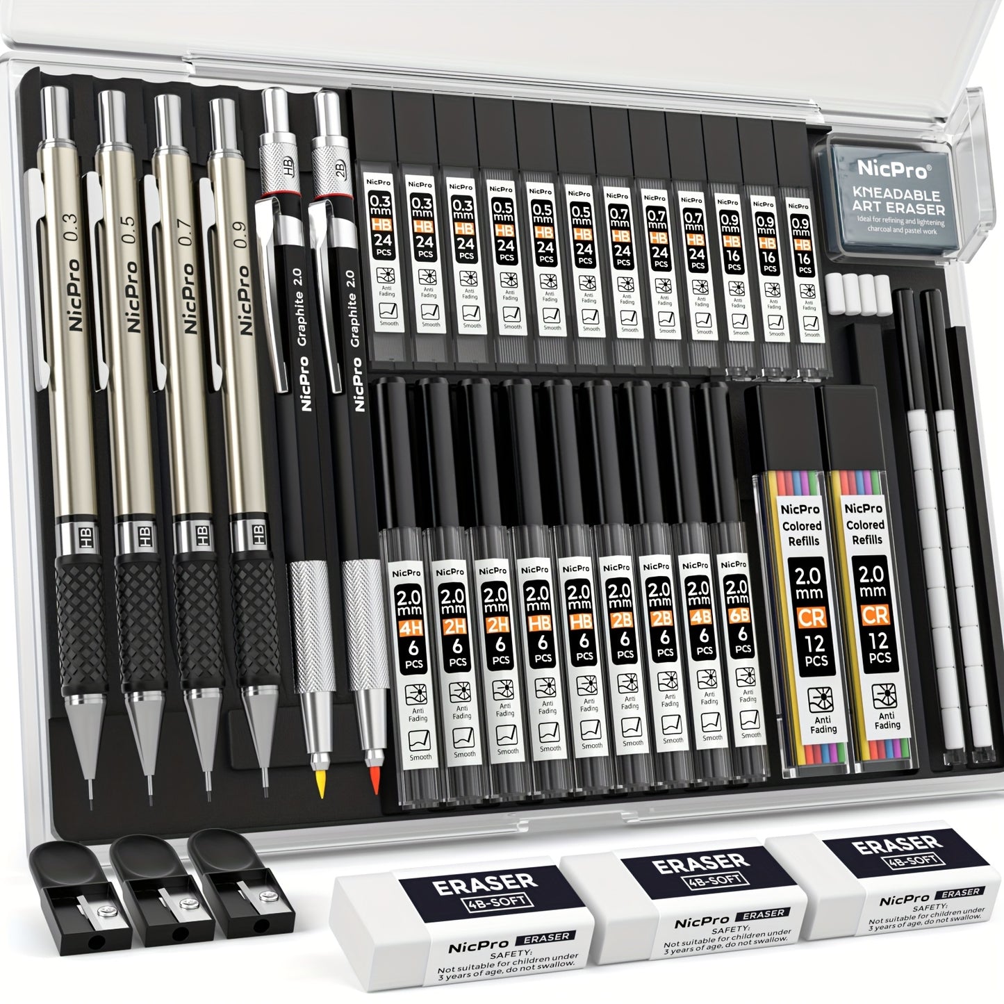 34pcs Art Mechanical Pencil Set in Case, 6 Drafting Pencil 0.5 0.7 0.9 2mm Lead Holder