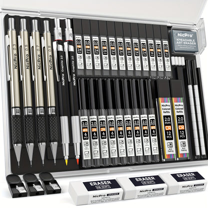 34pcs Art Mechanical Pencil Set in Case, 6 Drafting Pencil 0.5 0.7 0.9 2mm Lead Holder