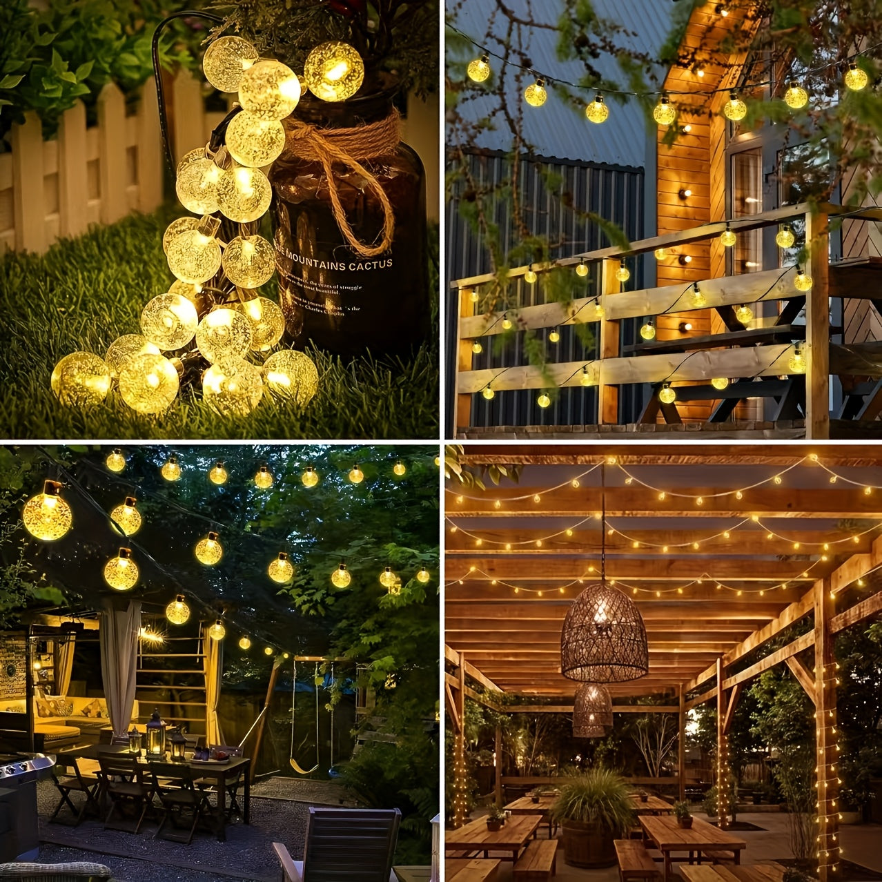 50 LED 22.9ft Solar Outdoor Lights 0.67in Crystal Globe With 8 Lighting Modes, Solar Lights Outdoor Waterproof IPX4. Crystal Globe Patio Lights For Ambience Garden Yard Porch, Wedding, Party Decor.Christmas Yard Decorations