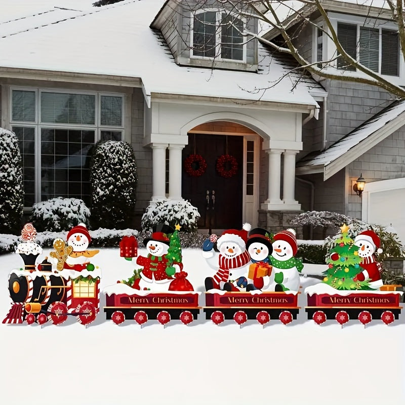 15.7" Christmas Train & Snowman Yard Sign Set - Easy Outdoor Lawn Decor