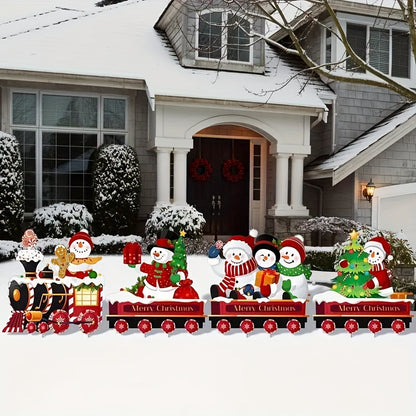 15.7" Christmas Train & Snowman Yard Sign Set - Easy Outdoor Lawn Decor
