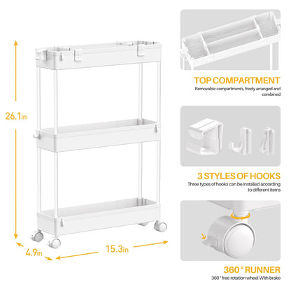 Slim Storage Cart 3 Tier,Bathroom Organizer Rolling Utility, Mobile Shelving Unit Slide Out for Office, Kitchen, Laundry Room & Narrow Places,White