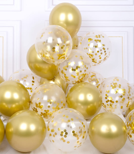 Party Balloons Pack of 42 - Metallic Gold Balloons & Gold Confetti Balloons and 64ft Ribbons - 12 Inch Balloons Decorations Set
