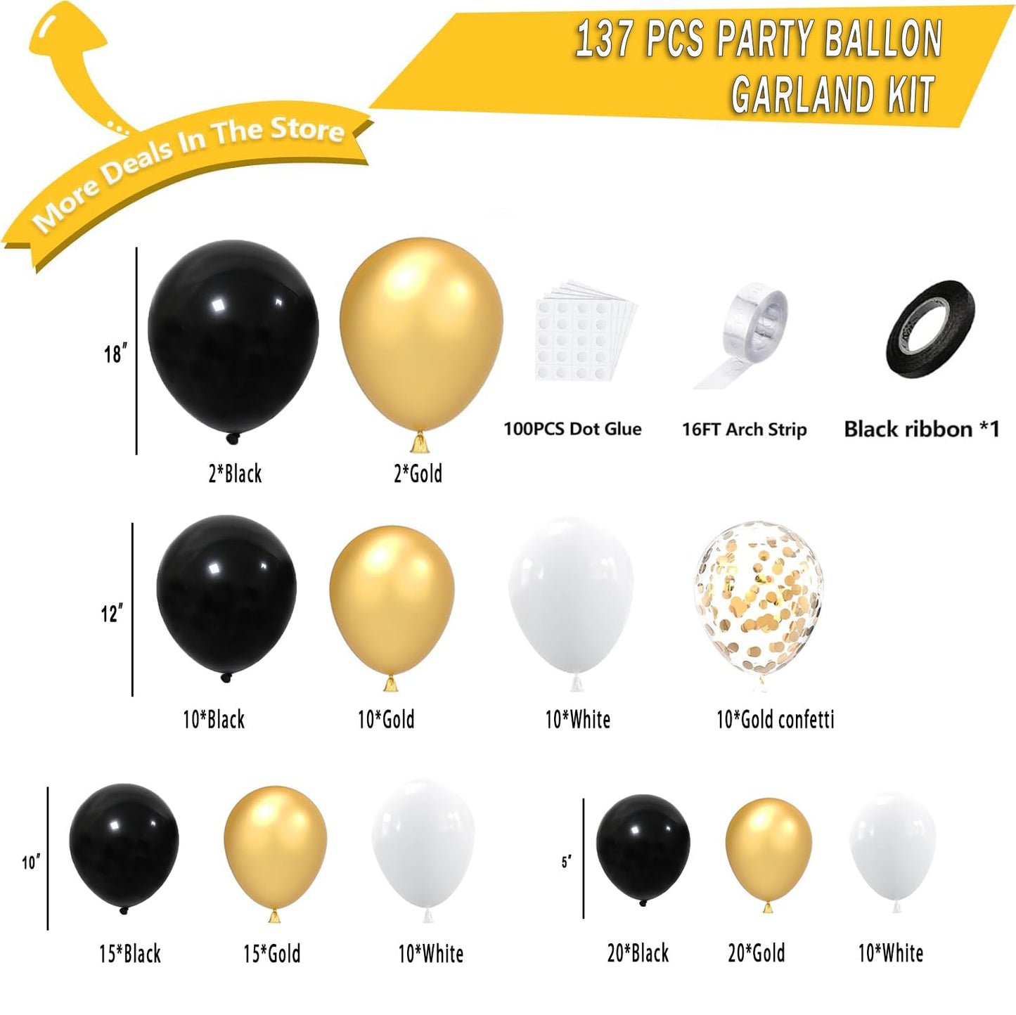 Black Gold White Balloon Arch Kit,137 Pcs Balloon Garland Kit Confetti Metallic with Balloons Tape for Wedding, Birthday,Graduation,New Years,Special Events Party Decoration