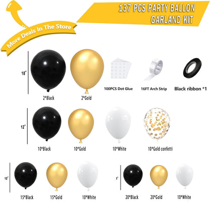 Black Gold White Balloon Arch Kit,137 Pcs Balloon Garland Kit Confetti Metallic with Balloons Tape for Wedding, Birthday,Graduation,New Years,Special Events Party Decoration