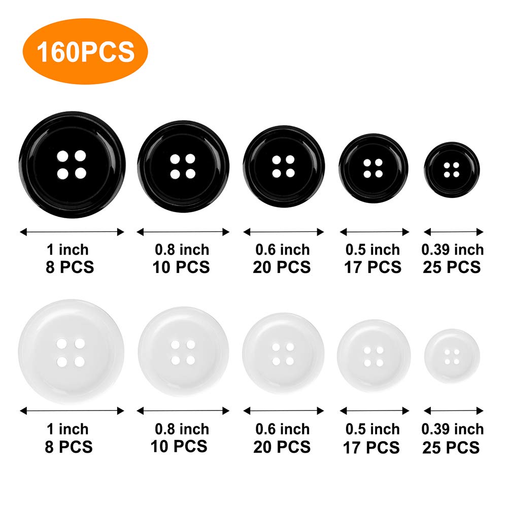 Mixed Sewing Buttons 160Pcs, Round Black 4-Hole Craft Buttons, 5 Sizes White Resin Button, with Separate Compartment Storage Box, Suitable for Sewing, Craft Projects and Holiday Decoration