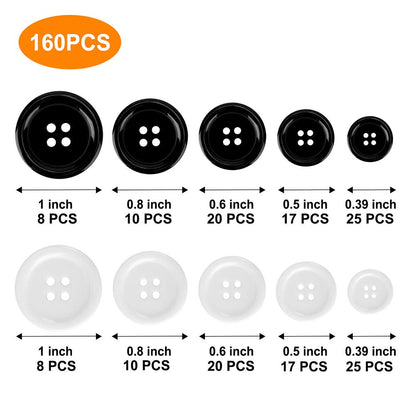 Mixed Sewing Buttons 160Pcs, Round Black 4-Hole Craft Buttons, 5 Sizes White Resin Button, with Separate Compartment Storage Box, Suitable for Sewing, Craft Projects and Holiday Decoration