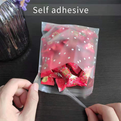 Self Adhesive Treat Cellophane Cookie Bag, White Polka Dot Party Favor Bag for Bakery, Candy, Cookie (5.5 x 5.5 inches, 100 Pcs)