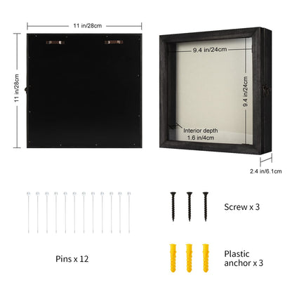 Flowers Shadow Box Display Case Large Shadow Box Frame with Glass Window Door Picture Frame Wedding Bouquet Memorabilia Medals Photos Memory Box for Keepsakes - (Rustic Black, 11 x 11 )