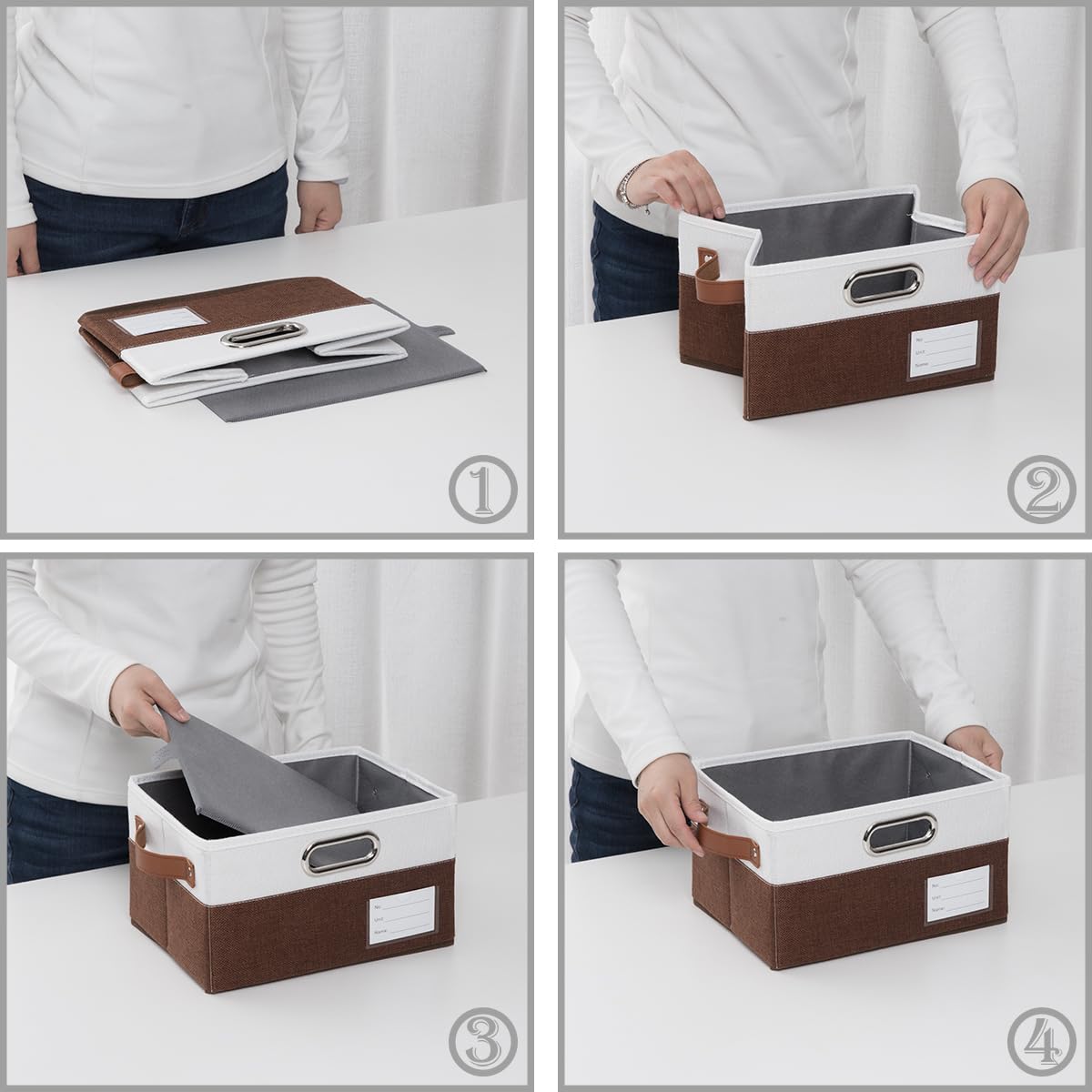 Foldable Storage Bins with Handles [3-Pack] Fabric Collapsible Storage Boxes Baskets Cubes Containers with Handles for Closet Living Room Bedroom (Brown & White 11.5x8.5x6.7'')