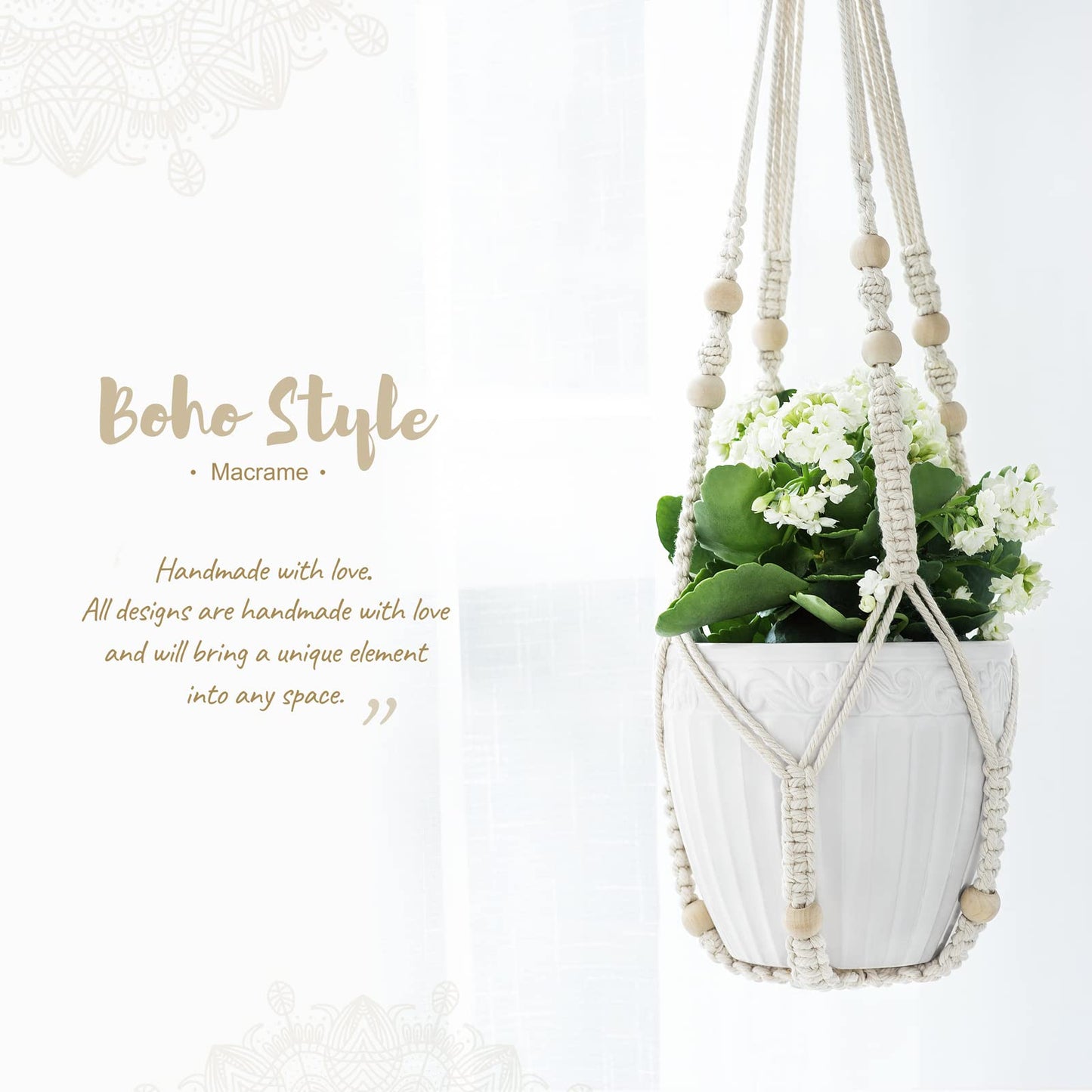 3 Pack Macrame Plant Hangers Indoor Different Size Hanging Planter Basket Flower Pot Holder with Beads No Tassels 35"/29"/23", Medium, Ivory