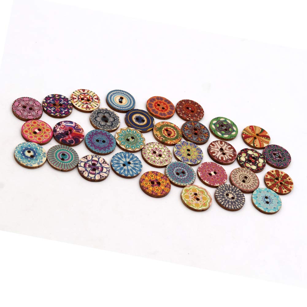 100pcs Mixed Random Flower Painting Round 2 Holes Wood Wooden Buttons for Sewing Crafting 20mm