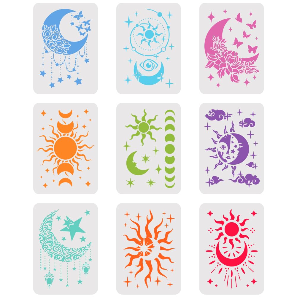 9PCS/Set Sun Moon Wall Stencils for Painting 12x8 Mandala Tile Stencil Large Flower Star Concrete Floor Stencils Reusable Drawing Template for Painting Wood Canvas Furniture Patio Home Decor
