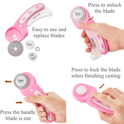 39 Pcs Rotary Cutter Set Pink - Quilting Kit incl. 45mm Fabric Cutter with 5 Extra Blades, A4 Cutting Mat, Craft Knife Set, Quilting Ruler and Sewing Clips, Ideal for Crafting, Sewing, Patchworking