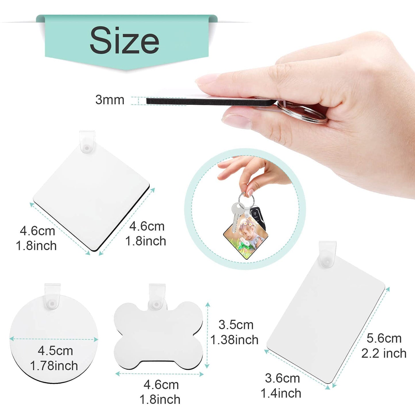 120Pcs Sublimation Keychain Blanks Bulk, DIY MDF 4 Shape Sublimation Blank Keychain with Keyrings, unisex-adult Double-Sided Printed Heat Transfer Keychain, White