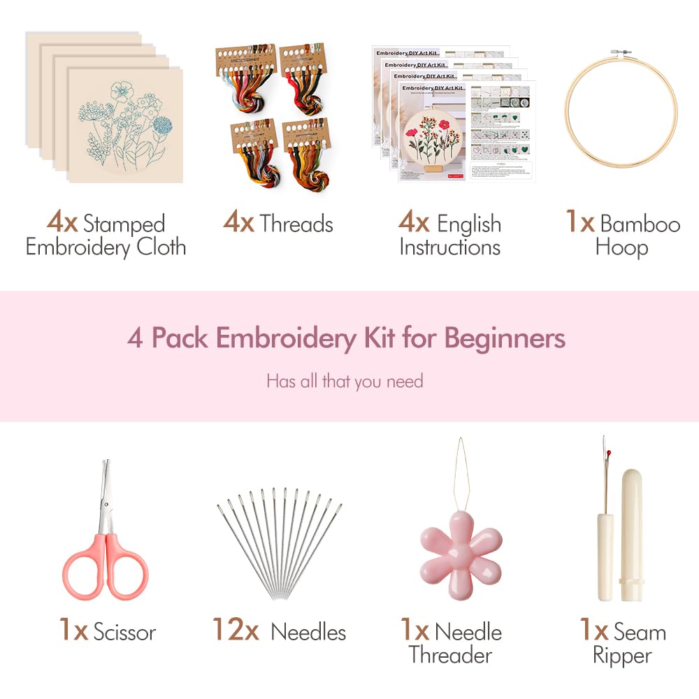 Embroidery Kit, 4 Sets Cross Stitch Kits for Beginners with Stamped Flower Pattern, Starter Kits for Adults Hand Craft Lover with Embroidery Hoop, Instructions and Threads