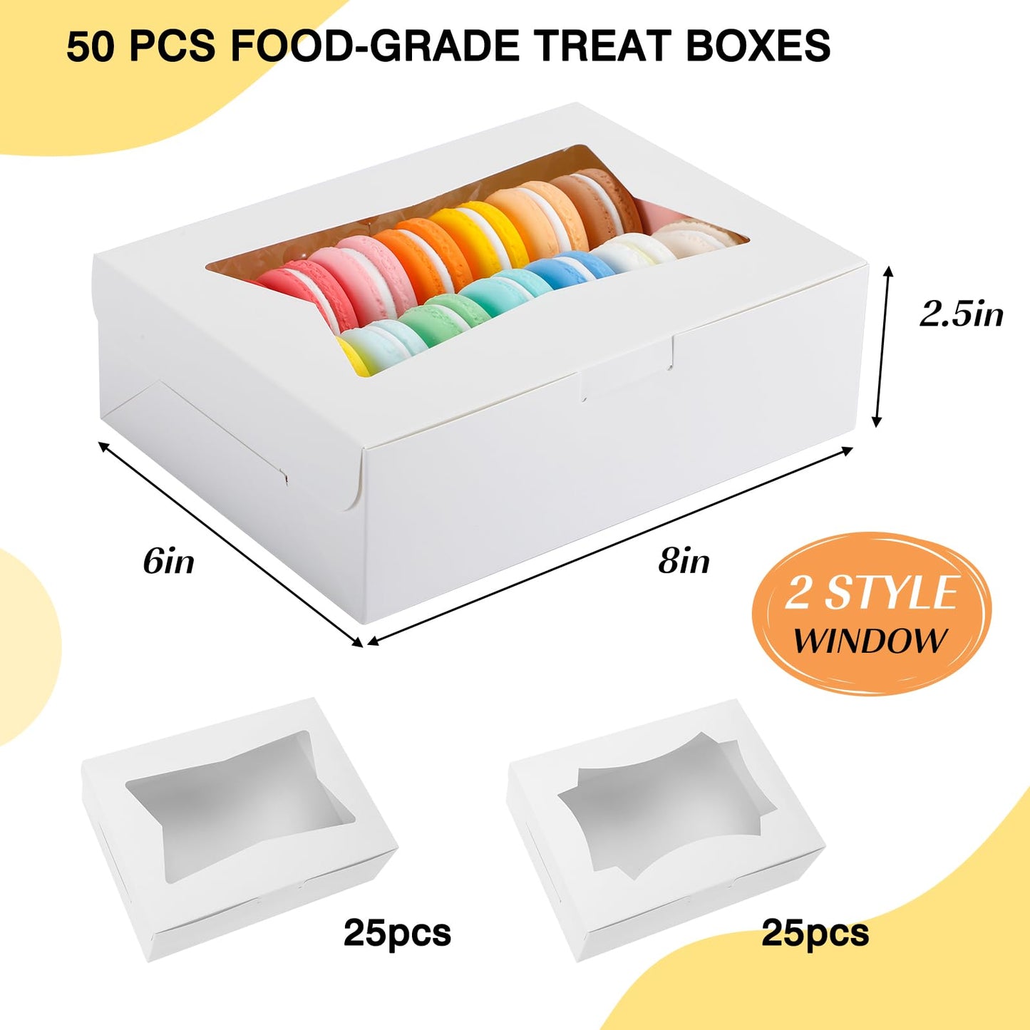 50pcs Cookie Boxes with Window, 8x6x2.5 Inches 2 Style Window Bakery Boxes for Treats, Father's Day, Chocolate Covered Strawberries, Muffins, Donuts