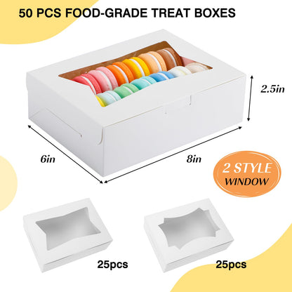 50pcs Cookie Boxes with Window, 8x6x2.5 Inches 2 Style Window Bakery Boxes for Treats, Father's Day, Chocolate Covered Strawberries, Muffins, Donuts