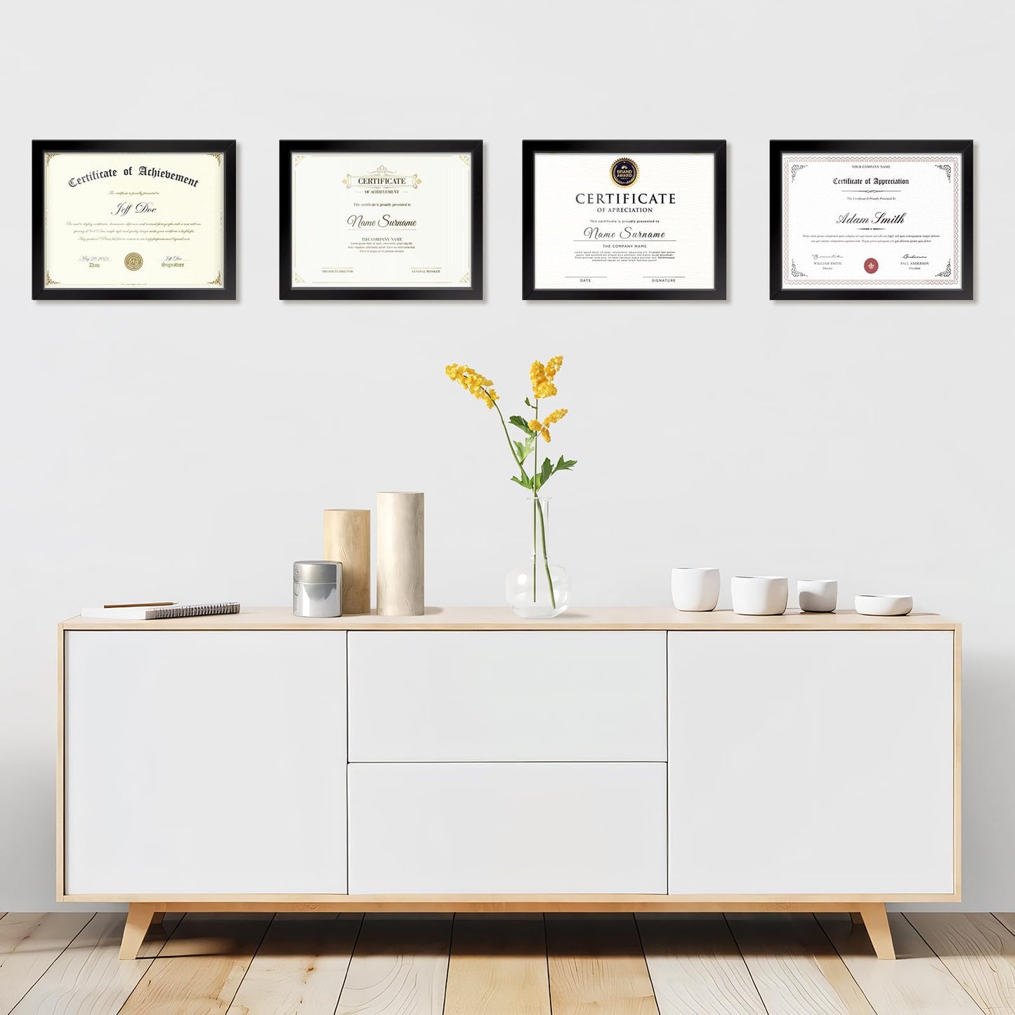 8.5x11 Picture Frames Certificate Frame | 4 Pack Document Frames Bulk for Diploma, Degree, Photograph, and Photos | Tabletop or Wall Mount | Black