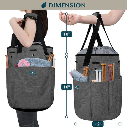 Crochet Bag Knitting Bag Organizer, Yarn Bag Storage Tote for Crocheting On The Go, Knitting Accessories Supplies Holder with Grommets, Gift for Crochet Lovers Knitters (Charcoal Gray)