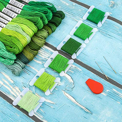 24 Skeins Friendship Bracelets Floss, Green Gradient Embroidery Floss, Cross Stitch Threads with 6 Floss Bobbins, 2 Embroidery Needles and 1 Needle Threader for Cross Stitch Project