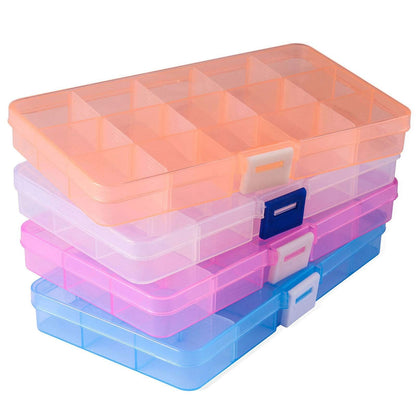 15 Girds Bead Organizer(4 Pack), Earring Organizer Box, SMALL Plastic Containers with Adjustable Dividers for Crafts Jewelry Screws Fishing Tackles Small Items, Size 6.9×3.9×0.9in