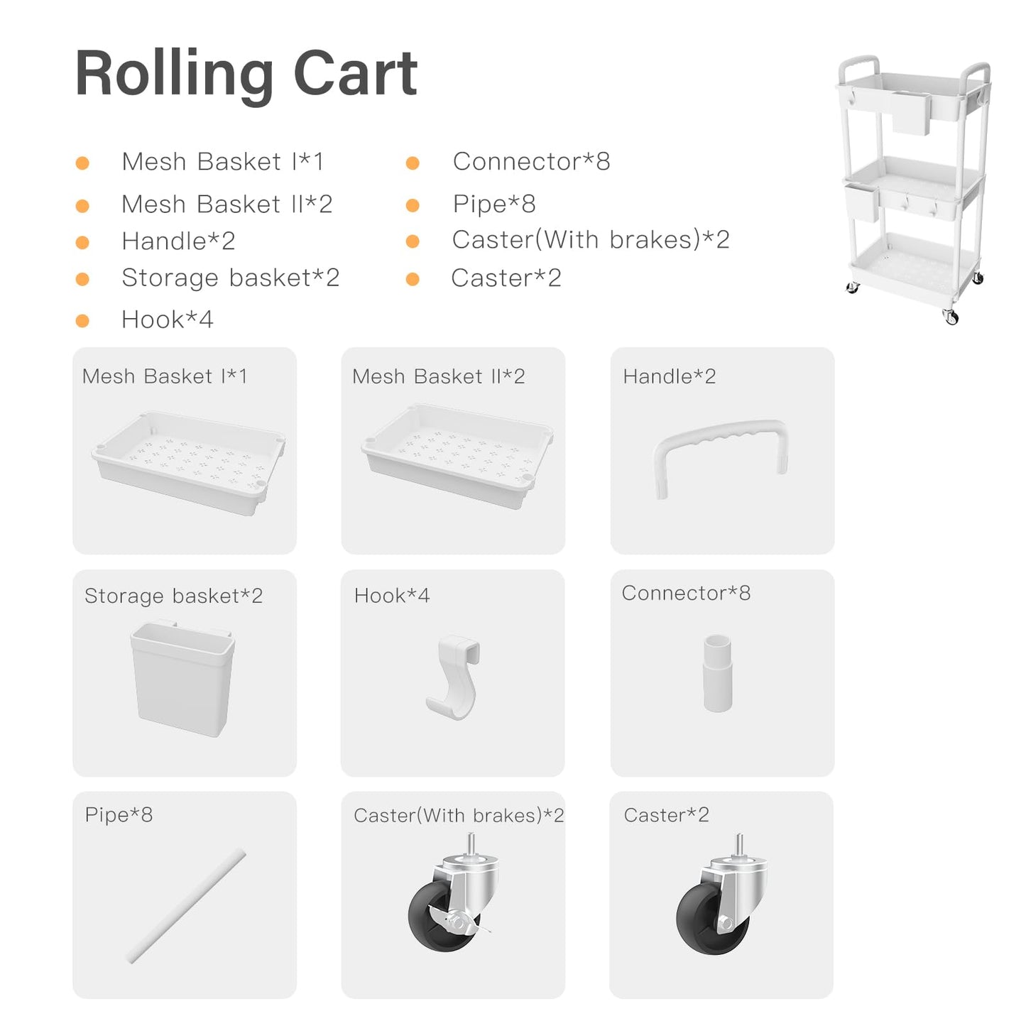 3 Tier Rolling Utility Cart with Handle,REBECAT Utility Cart Made of Multifunctional Storage Organizer Tool for Kitchen,Bathroom,Living Room,Office(White)